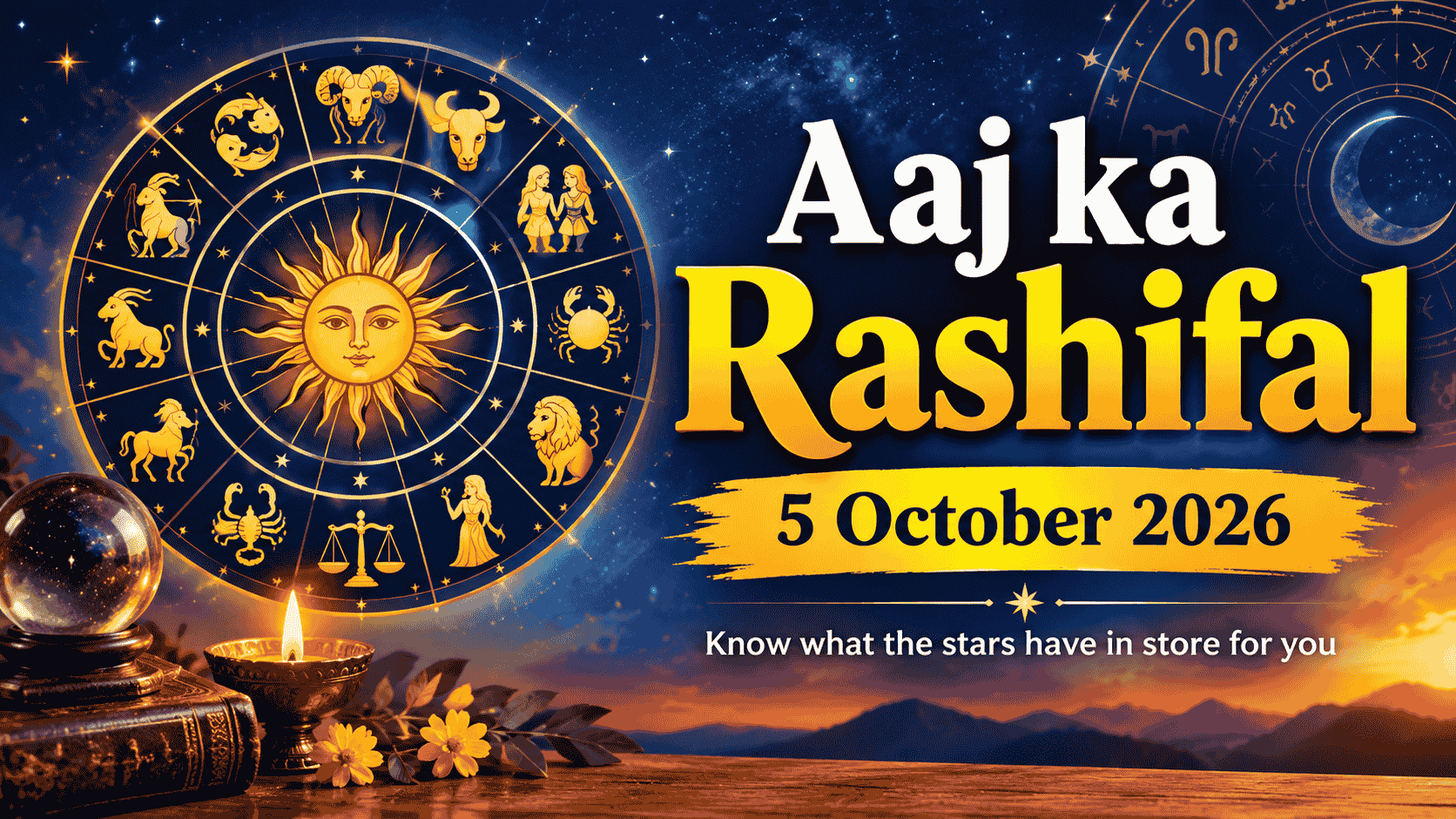 Aaj Ka Rashifal 5 अक्टूबर 2026 : मेष से मीन तक जानें अपना दैनिक भविष्यफल | करियर, प्रेम, धन और स्वास्थ्य